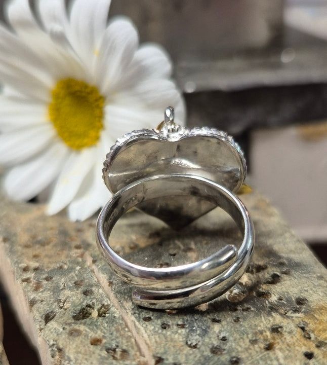 Filigranhjerte ring m/forgylt dråpeløv